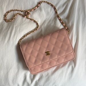 Pink Quilted Wallet on Chain with gold hardware
